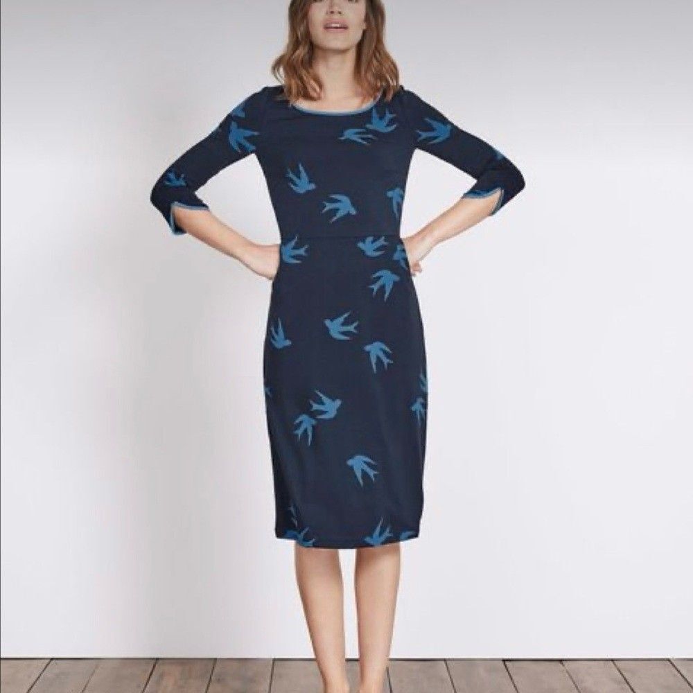 Boden Dark Blue Midi Dress with Teal Bird Pattern